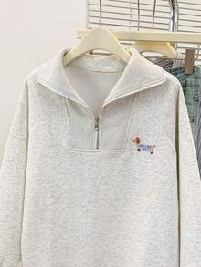 YUXIN Women's Exclusive! Grey Turndown Collar Half-Zip Sweatshirt, Casual Style, Cute Dog Pattern, Playful Yet Practical, Versatile For Autumn/Winter - Grey - View 8