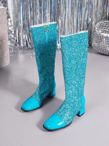 Women's Chunky Heel Tall Boots, New Warm Side Zipper Square Toe Blue High Heel Riding Boots, Autumn/Winter - Blue - View 7