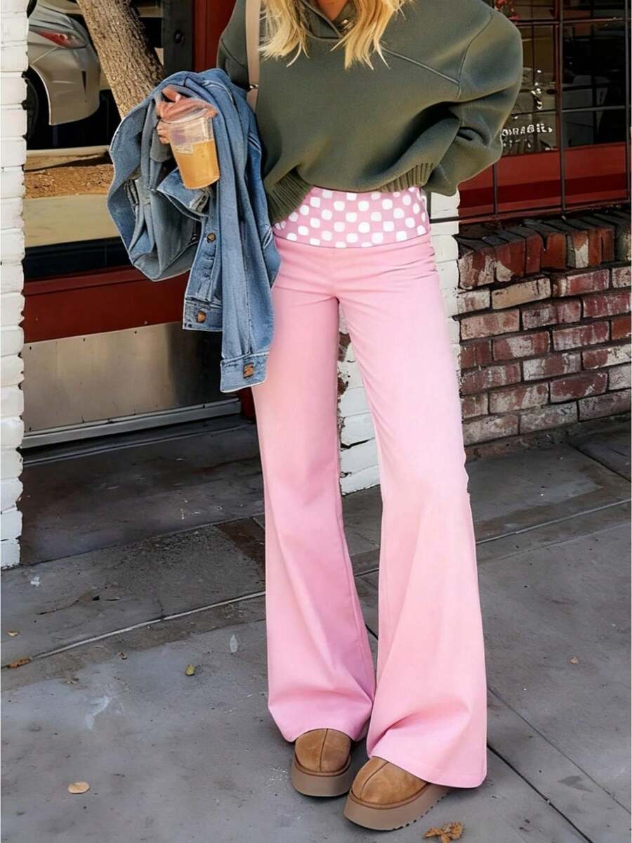 Fold Over Yoga Pants For Women Polka Dot Low Waist Wide Leg Flare Leggings Y2k Lounge Sweatpants - 粉色 - 查看 1