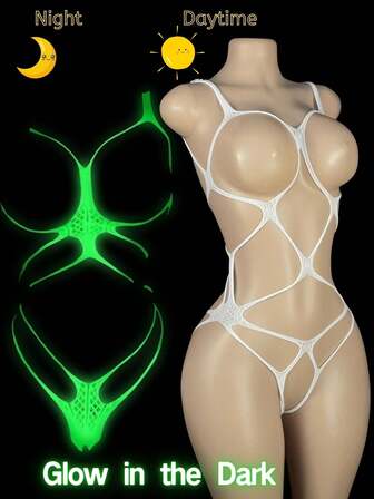 1pc Women's Glow-In-The-Dark High Elasticity Fishnet Bodystocking, Sexy Lingerie Sleepwear, Glowing Mesh Bodysuit Suitable For Roleplay, Nightclub, Club Outfits, Valentine's Day Lingerie