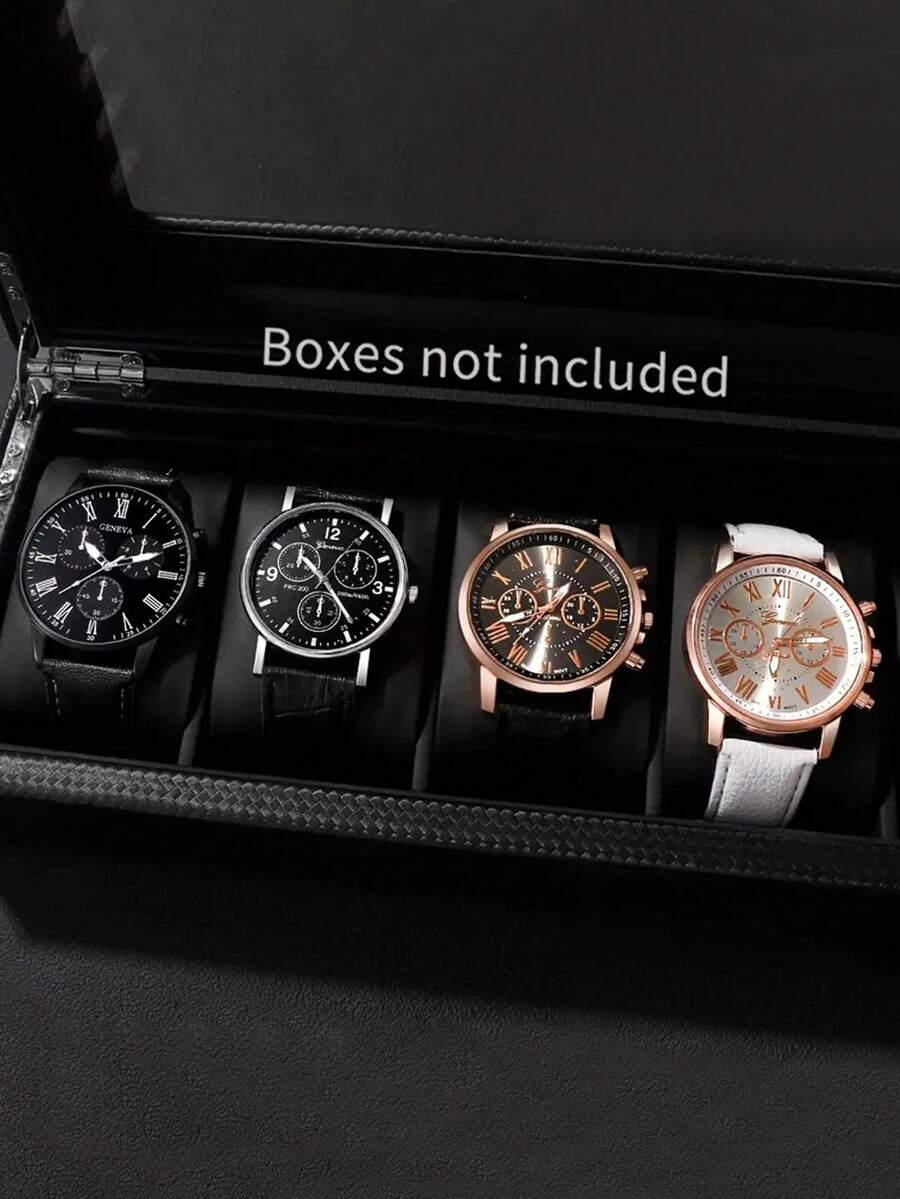 4pcs/Set Best Friend Family Quartz Watch Fashion Black And White Leather Quartz Watch Set Multifunctional Commuter Fashion Casual Watch - Black - View 1