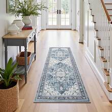 Washable Area Rug 5x7 - Soft Faux-Wool Area Rug Living Room Bedroom, Boho Vintage Floral Medallion Non-Slip Low Pile, Pet Friendly, Blue White - 天藍色 - 查看 4