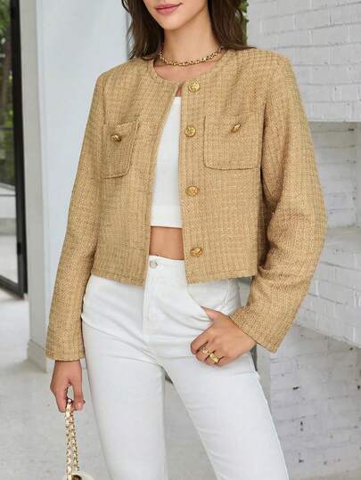 Elegante chaqueta de tweed para mujer con cuello redondo, mangas largas y botones delanteros, longitud corta, manga regular