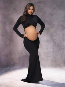 孕妇交叉立领拍照连衣裙开衩长袖镂空美人鱼长裙适合婴儿洗礼