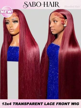 34 Inch Straight Lace Front Wigs Human Blended Hair 13x4 HD Transparent Lace Front Fashion 99j Burgundy Colored Wig For Women Brazilian Virgin Hair Lace Frontal Wig 200% Density Pre Plucked With Baby Hair Natural Hairline