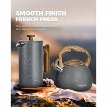 POLIVIAR French Press Coffee Maker 34 Ounce With Real Wood Handle Double Wall Insulation And Dual-Filter Screen  Stainless Steel For Optimal Coffee And Tea Brewing In Home Kitchens Office Spaces And Outdoor Adventures - Gray - View 2