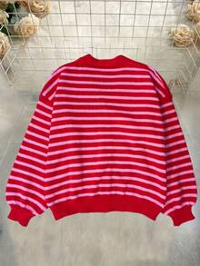 女士条纹长袖开衫，休闲宽松纽扣针织衫，适合女士沙滩装、派对上衣、节日装、度假服、秋冬季穿着。 - 紅色 - 查看 9