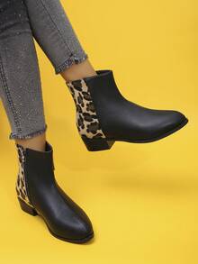 New Autumn/Winter Fashion Sequin Ankle Boots, Outdoor & Daily Wear Sequin Boots, Non-Slip & Comfortable Side Zipper, Women's Ankle & Ankle Boots, Size 36-43 - Black Lychee-patterned PU With Apricot-colored Leopard Print Base - View 4