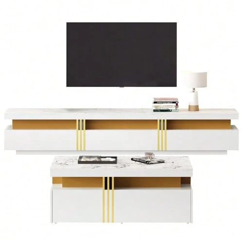 White Wall-Mounted TV Unit Set, Living Room Wall-Mounted TV Unit Set, Coffee Table + TV Stand, Multifunctional Storage Set - 白色 - 查看 1