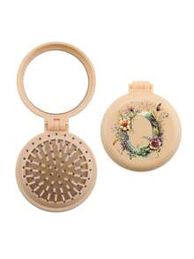 Brodark 1个象牙色和米色花卉图案26字母迷你镜梳，小巧便携，女士必备气垫梳，可折叠气垫按摩梳，镜子和梳子一体设计，旅行和露营配件，返校必备 - 黃色 - 查看 23