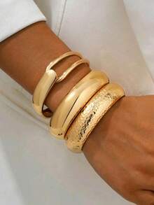 1 Set Minimalist Chic European Style Metallic Smooth & Hammered Texture Zinc Alloy Bangle Bracelet, Suitable For Women's Daily Wear - Yellow Gold - View 13