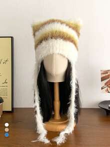 Gorro de punto suave y fresco con bloqueo de color con lazos a rayas en forma de orejas de gato, gorro de punto esponjoso con orejas de gato, gorro de punto cálido con orejas de gato para mujer, gorro de algodón suave y esponjoso con orejas de gato para el invierno - Multicolor - Ver 15