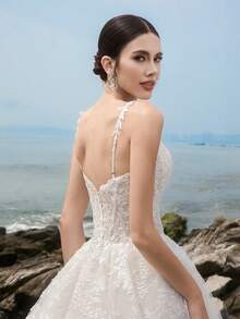 HEARBOBO 华丽亮片白色蕾丝贴花新娘婚纱，带拖尾，情人节 - 白色 - 查看 6