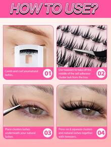60pcs C-Curl Self-Adhesive Individual Lashes Set, 8-16mm, DIY Eyelash Extension Kit With Tweezers And Lash Curler, No Glue Needed, Segment Lashes With Pointed Tips - 黑色 - 查看 8