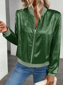 Áo khoác nữ Keke Bloomly tay dài, nhẹ, có khóa kéo, chất liệu vải ánh kim bóng bẩy, thời trang, đa năng, phù hợp cho công sở, du lịch và mặc hàng ngày. - màu xanh lá - Xem 7