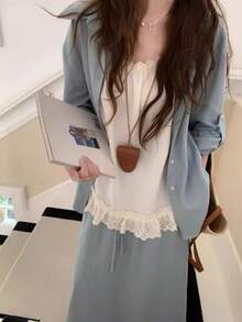 女士蕾丝吊带背心，独特设计，可叠穿，无袖衬衫，休闲夏季款 - 杏色 - 查看 7