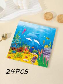48张13英寸 x 13英寸海洋海豚主题餐巾纸 - 卡通深海海豚+海龟、水母、沉船水下元素印花，纸质，冒险风格，适合海洋主题派对/夏季海滩聚会及日常使用 - 彩色 - 查看 9