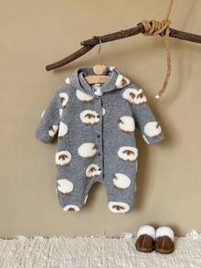 Newborn Baby Boy Thick Hooded Jumpsuit With Sheep Print, Warm For Winter - Grey - View 5