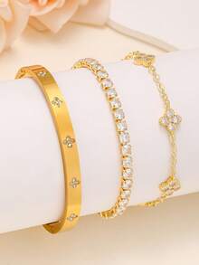 Elegant Luxury Clover Zirconia Inlaid Bangle Bracelet Set, Stainless Steel, Versatile, Suitable For Daily Wear And Gift - Yellow Gold - View 11