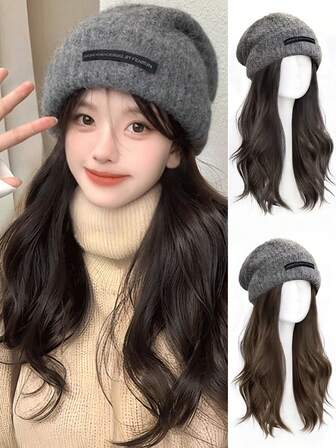 Synthetic Hat Wig Knitted Hat Wig, Hat Hair Extension Long Wavy Curly Grey Hat Wig With Attached Synthetic Hairpiece For Women Girls Winter -Cold Brown Brown Black ﻿
