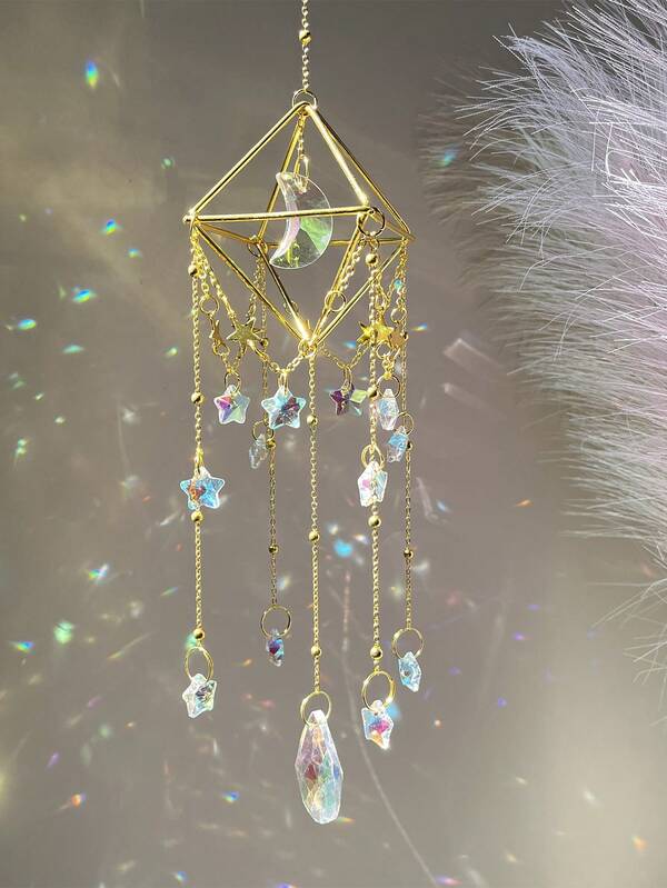 Decoración de jardín con marco de diamante, atrapasol de luna y estrellas de cristal, adorno colgante, decoración navideña, regalo de Año Nuevo, decoración para fiestas festivas