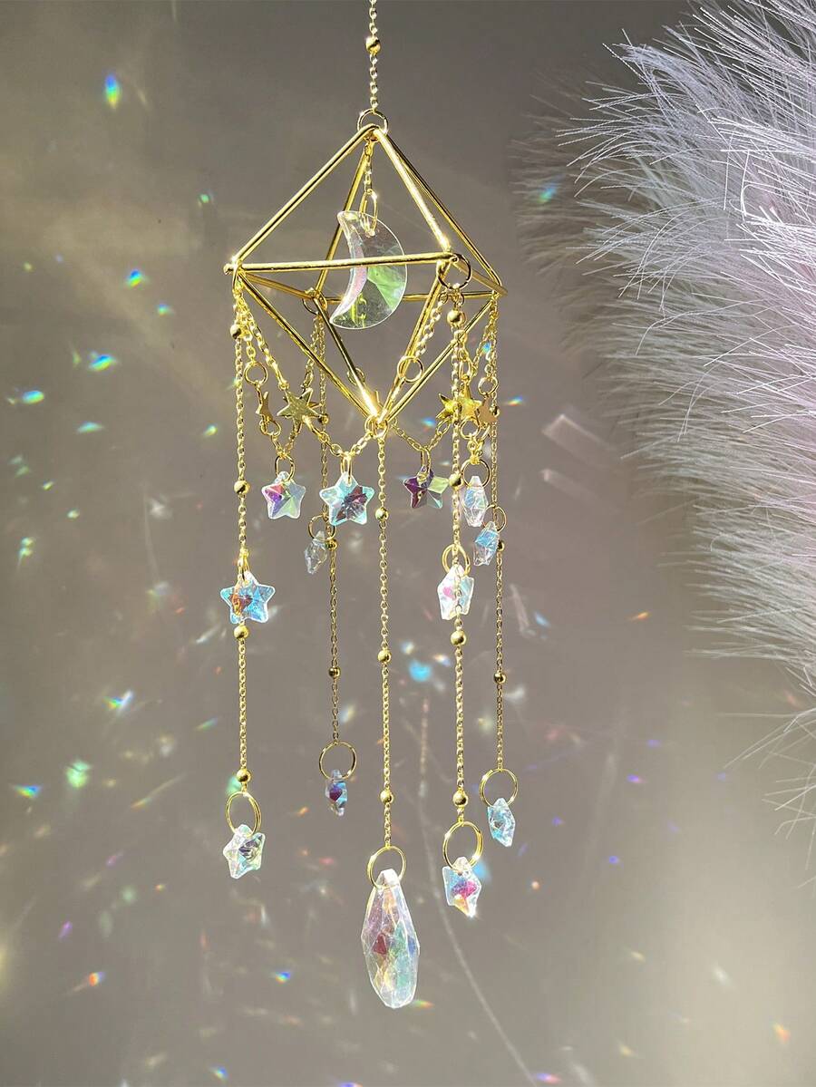 Diamond Frame Crystal Moon & Star Garden Decor Sun Catcher, Hanging Ornament, Christmas Decoration, New Year Gift, Holiday Party Decor