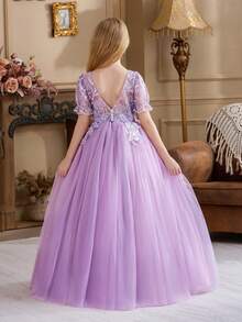 Tween Girl Lavender Lace Trim Deep V Back Mesh Graduation Elegant Princess Dress, Suitable For Girls Birthday Party, Wedding, Bridesmaid, Holiday Celebration, Graduation - Purple - View 2