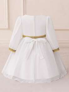 女婴长袖金属丝带刺绣雪纺派对连衣裙，适合节日庆典和家庭聚会，不含头饰 - 白色 - 查看 4