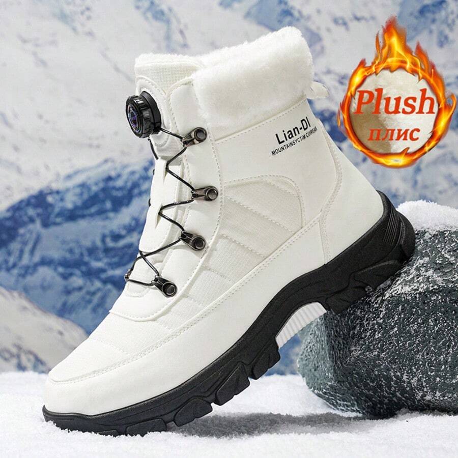 OBOVAY (Run Small By 1 Size) Men's Snow Boots, Winter High-Top Thick Fleece Lining Warm Boots, Thick Sole Anti-Slip PU Leather Boots, Outdoor Hiking Shoes, Featuring Classic Rotary Buckle Design, Mid-Calf Fur Collar Outdoor Anti-Slip Cold-Resistant Boots, Suitable For Wearing In Cold Workplaces And Snowy Environments