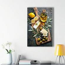 Framed Canvas Wall Art - Modern Mediterranean Food Still Life With Lemons, Cheese & Bread, Rustic Wood Frame. Idea Gift For New Year, Thanksgiving Day, Christmas, Perfect Art For Room Decor, Kitchen Decor, Living Room Painting, Halloween Decor, Bathroom Decor, Home Decor, Wall Decor And Bedroom Decor. - Framed(有框) - 查看 3