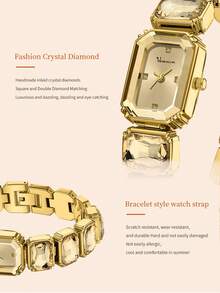 VA VA VOOM Women Square Watch Gorgeous Rhinestone Bosnia Style Fashion 27mm Gift Clock Gold & Silver & Green & Pink Stainless Steel Original Quartz Movement 3Bar Leisure & Work Girls Date Gift Couple Ladies Watch - Gold - View 8