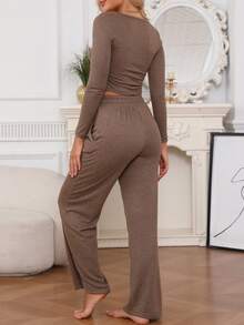 2 pièces Ensemble femme Top moulant à manches longues et pantalon de couleur unie, printemps/automne/hiver - Tabac - Voir 3