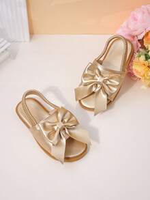 1 Pair Of Children's Golden Bow Sandals With Metallic PU Material, Exposed Toe, Low Cut Elastic Band, Flat Heel, Sweet And Elegant Style, Party Performance, Daily School Shoes - Gold - View 5