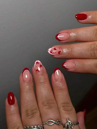 24 piezas de pegatinas de uñas en forma de óvalo y corazón, diseño de pegatinas francesas para uñas, perfectas para uñas acrílicas cortas, incluye 1 pieza de gel de gelatina y 1 pieza de lima de uñas, set de arte de uñas para el Día de San Valentín, adecuado para mujeres y niñas para uso diario y suministros de uñas para fiestas del Día de San Valentín