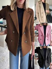 Women's Double Breasted Wool Pea Coat Notched Lapel Ribbed Knit Long Sleeve Sweater Short - Black - View 6