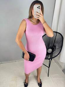 Vestido Midi Regata Feminino Tricot Modal Canelado Fenda Costas Abertas Verão Natal Ano Novo Festas Luxo - Rosa Bebê - Visão 4
