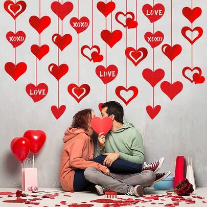 16 decorațiuni suspendate pentru Ziua Îndrăgostiților, decor de tavan pentru ceremonie de nuntă și fundal pentru cameră, în formă de inimă, inimioare roșii cu sclipici, potrivite pentru petrecerea de Ziua Îndrăgostiților, aniversarea nunții