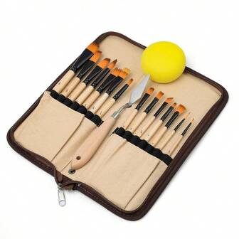 14 st träpinnar nylon akryl oljemålning och akvarell pensel canvasväska målningsset