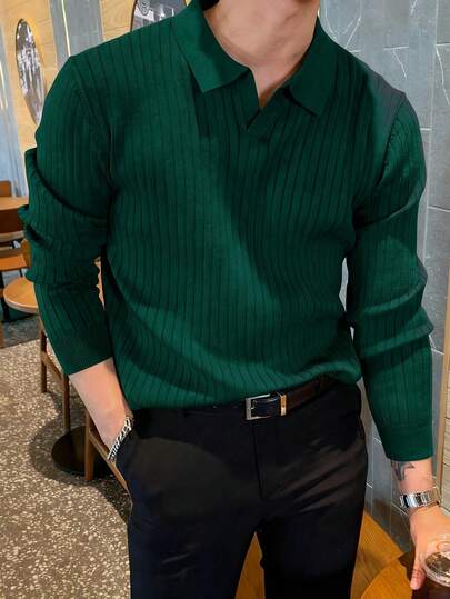  ALTZTAR 男士宽松修身长袖条纹针织 Polo 衫，简约时尚，适合日常通勤、春秋季穿着。