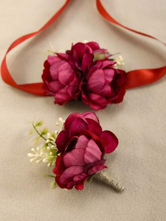 1pc Bride Accessory, Wedding Wrist Corsage & Brooch, Red Plastic, Festive For Wedding Ceremony & Reception