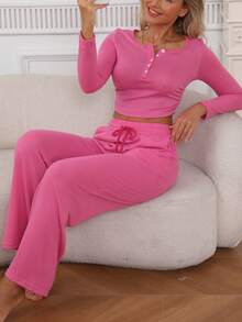2pcs Set Women Long Sleeve Solid Color Tight Fitting Top And Pants Set, Spring/Autumn/Winter - Coral Pink - View 2