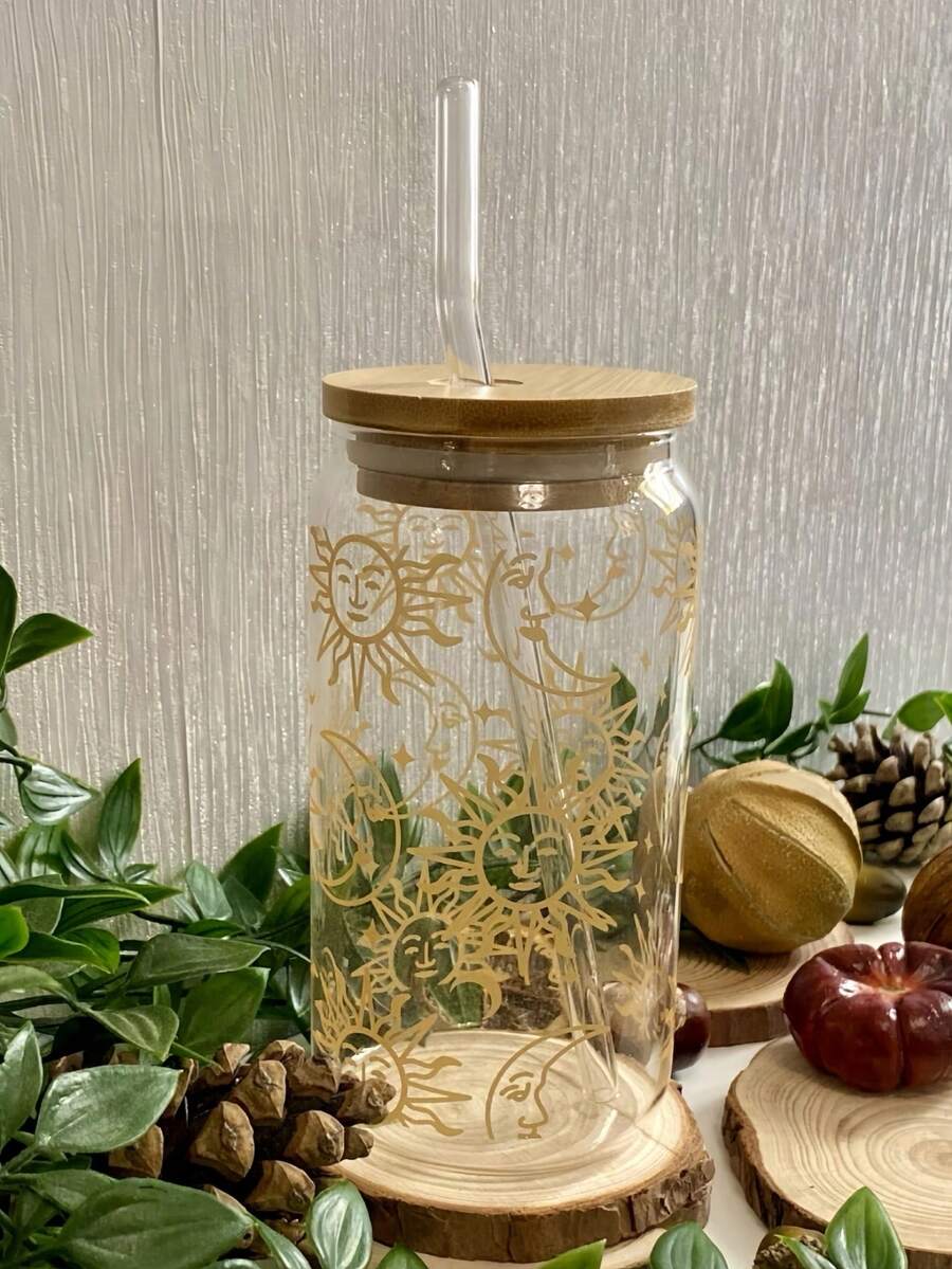 1pc Gold Sun Iced Coffee Matcha Glass Straw Cup, Glass Straw Drinkware, Jar-Shaped Juice Beverage Glass Straw Drinking Cup, Home Water Glass - Best Gift For Friends! A Cup Symbolizing Good Luck!