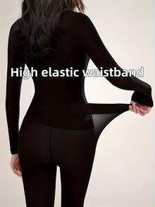 2条装纯色无缝超薄保暖打底裤，高腰显瘦弹力紧身裤，女士内衣睡衣，秋冬款 - 黑色 - 查看 4