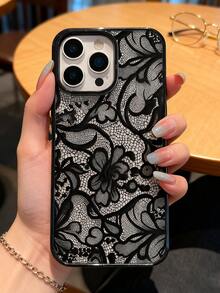 1pc Elegant Black Lace Floral Pattern Protective Phone Case, TPU Shock-Proof Cover, Compatible With IPhone 17 Pro Max/17 Pro/17/16 Pro Max/16/16 Pro/16 Plus/15/15 Pro Max/15 Pro/15 Plus/11/12/13/14 Pro Max/11 Pro Max/12 Pro/12 Pro Max/13 Pro/13 Pro Max/14 Pro/14 Pro Max/14 Plus, Great Gift For Family, Couples, Friends - Black - View 2