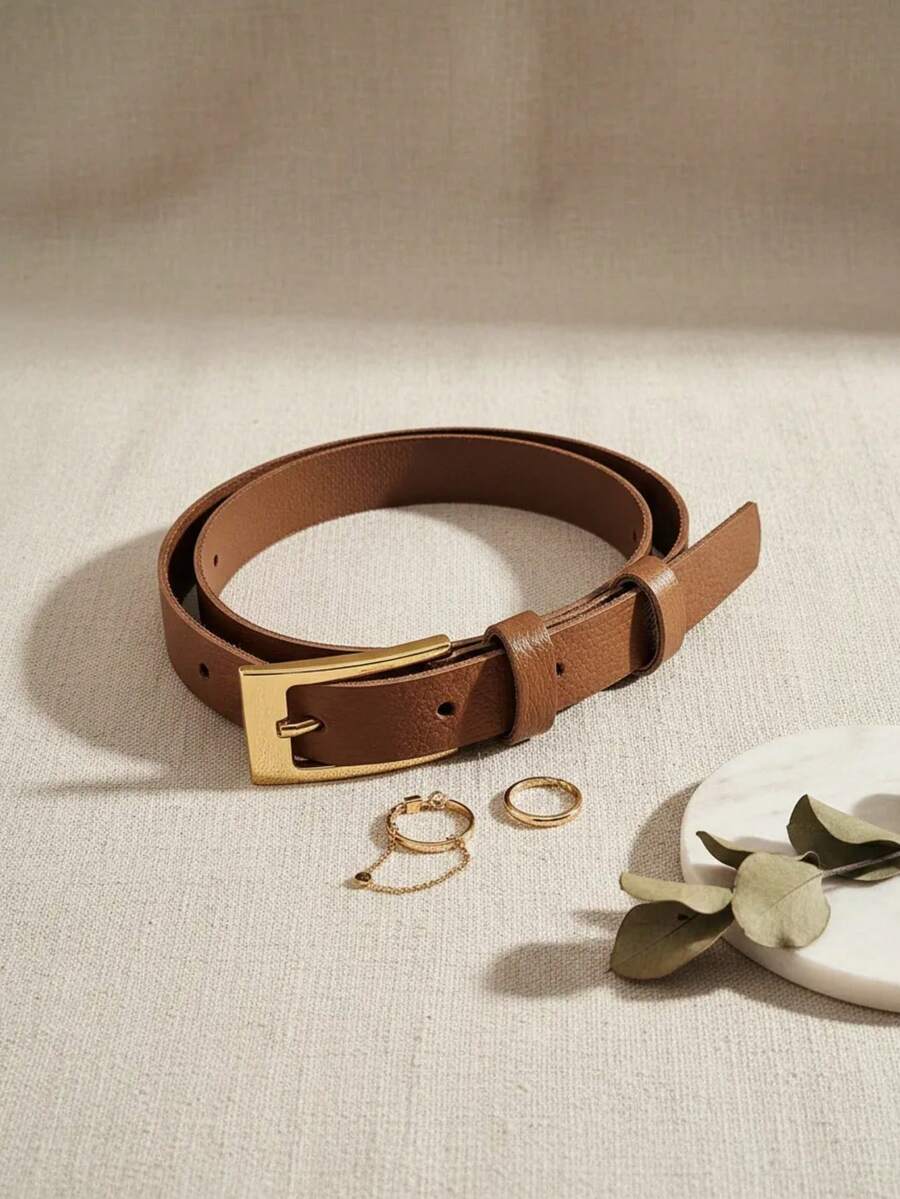 Casual Belt, Cowhide Leather, Buckle. - Camel - View 1