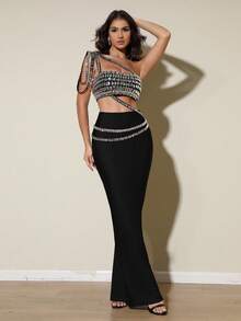 LOVE Aing 女士优雅黑色连衣裙，手工镶钻性感露背两件套连衣裙，适合派对、宴会、正式晚宴、生日、毕业典礼等场合。