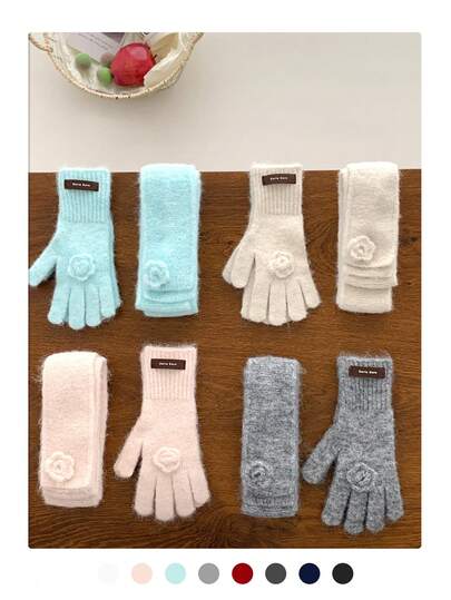 1 set elegant blommönsterhalsduk och fingerlösa vantar, smal lång halsduk och varma stickade vantar, elegant styling, lämplig för höst/vinter, pendling, studenter