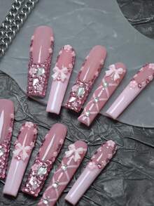 CrystalHola 10片手工法式美甲假指甲，长款粉色芭蕾舞者美甲，饰以水钻和蝴蝶结，奢华可爱美甲，Y2K风格，彩色亚克力假指甲，适合音乐节、派对和日常佩戴，是送给女孩和女士的绝佳礼物，圣诞美甲 - 彩色 - 查看 2