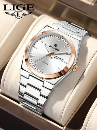  LIGE 男士腕表，顶级品牌不锈钢男士运动腕表，带日期显示、防水、石英计时功能