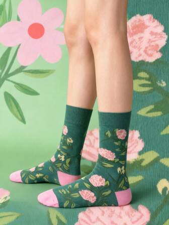 1双女士花卉中筒袜，牡丹花图案，ins风长袜，秋冬款